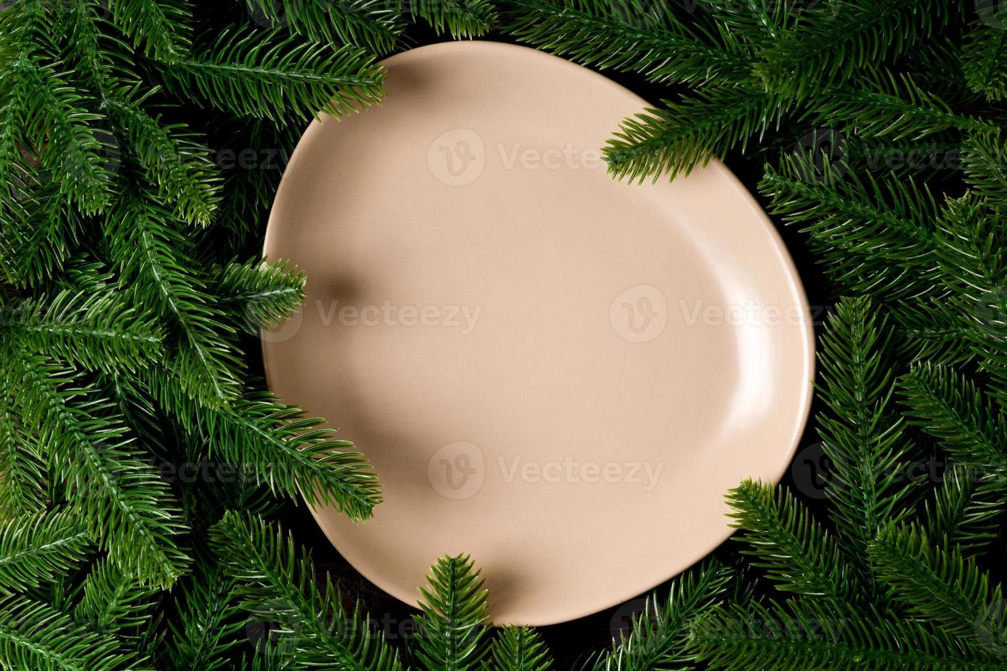 Top view of round festive plate on fir tree background. Christmas dish concept with empty space for your design photo