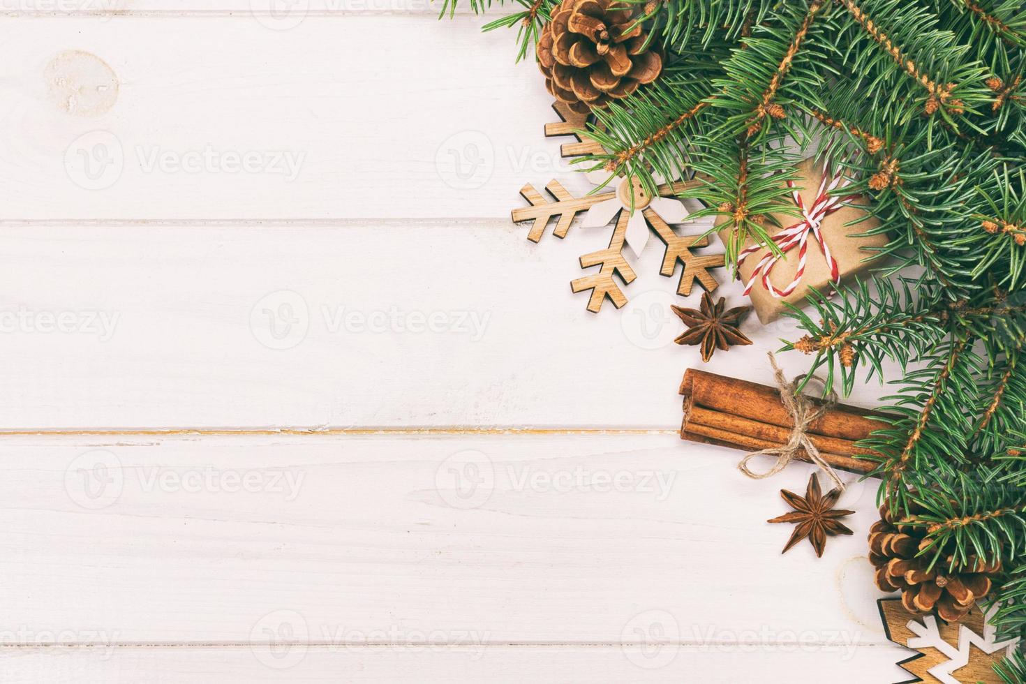 Christmas background with copy space, top view. holiday concept for you design on wooden table. Toned photo