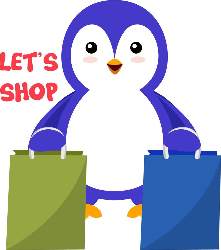 Pingüino con bolsas de compras, ilustración, vector sobre fondo blanco.