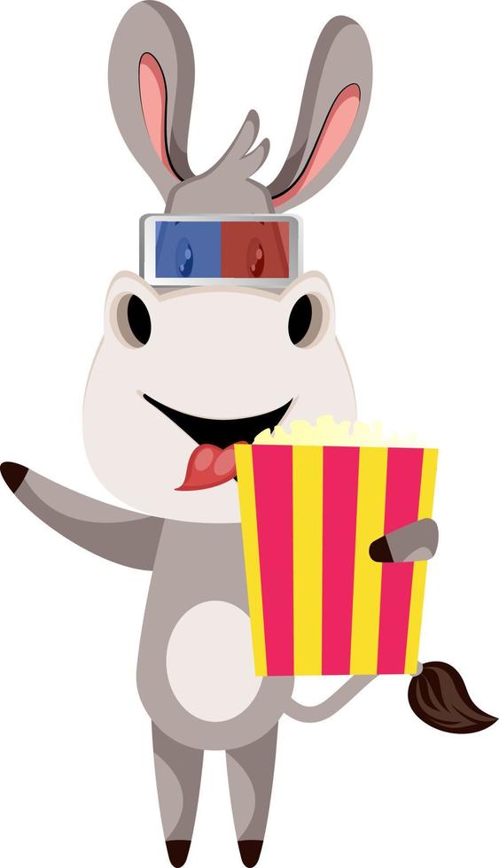 Donkey with popcorn, illustration, vector on white background.