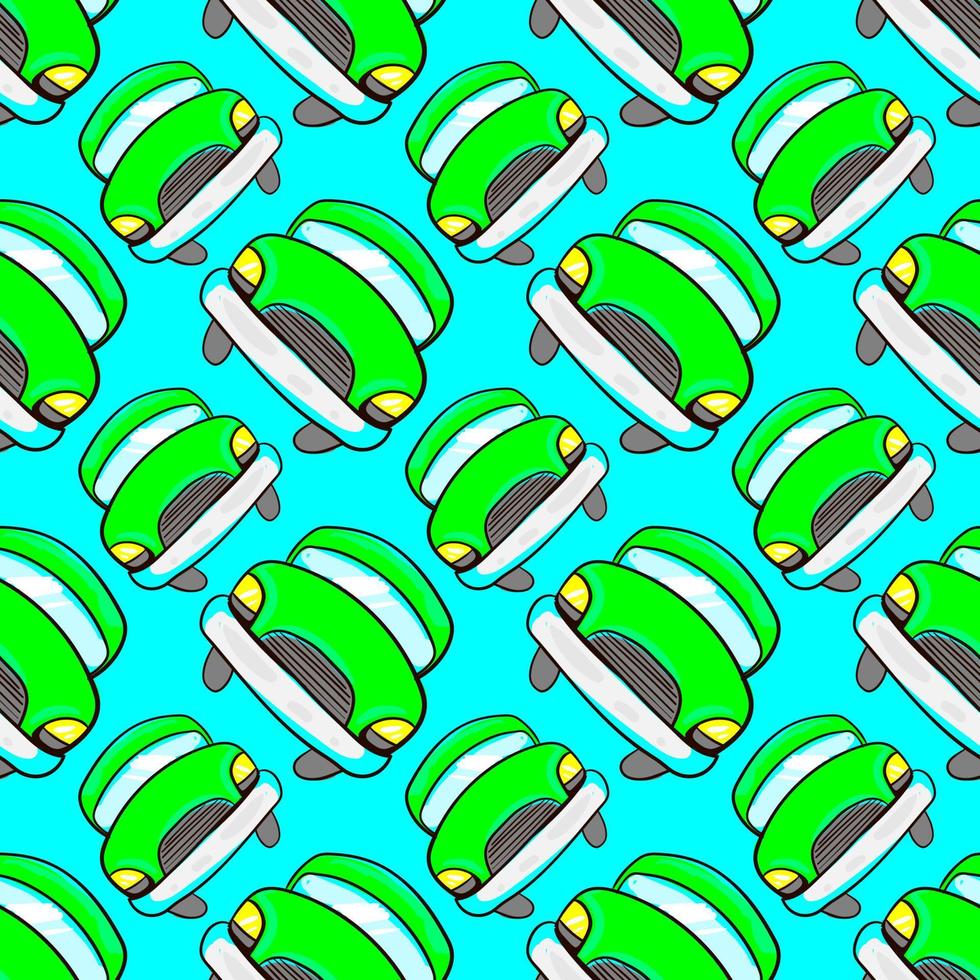 Green car pattern, seamless pattern on blue background. vector