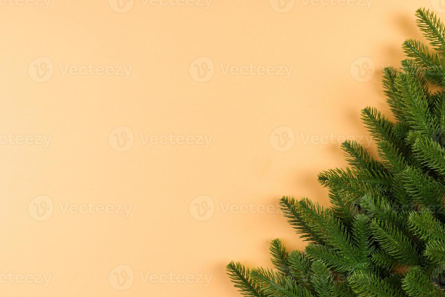 vista superior de ramas de abeto verde sobre fondo colorido. concepto de vacaciones de año nuevo con espacio vacío para su diseño foto