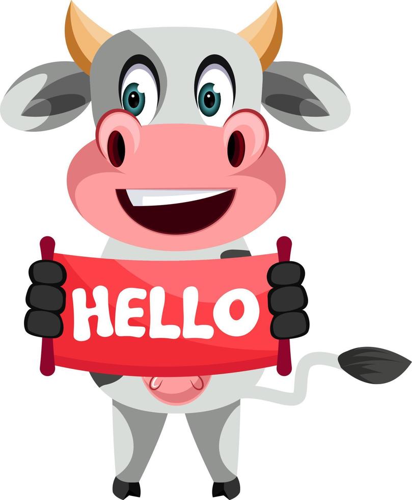 Cow with hello sign, illustration, vector on white background.