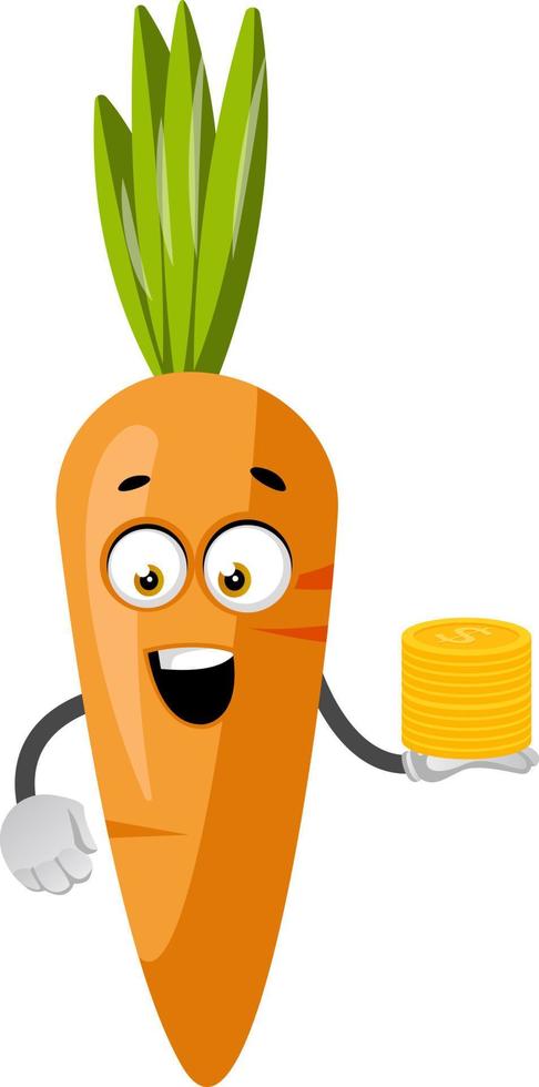 Carrot with coins, illustration, vector on white background.