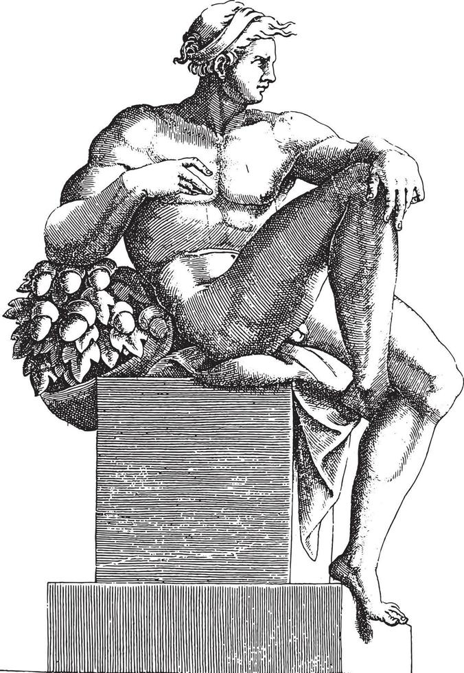 Seated Nude, Adamo Scultori, after Michelangelo, 1585, vintage illustration. vector