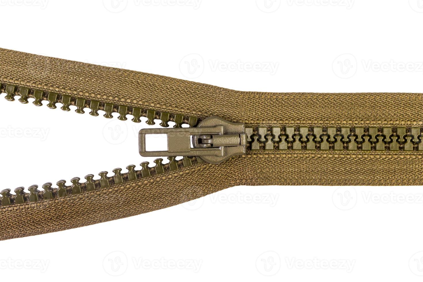 Unlocked zipper isolated on white empty blank for text. photo