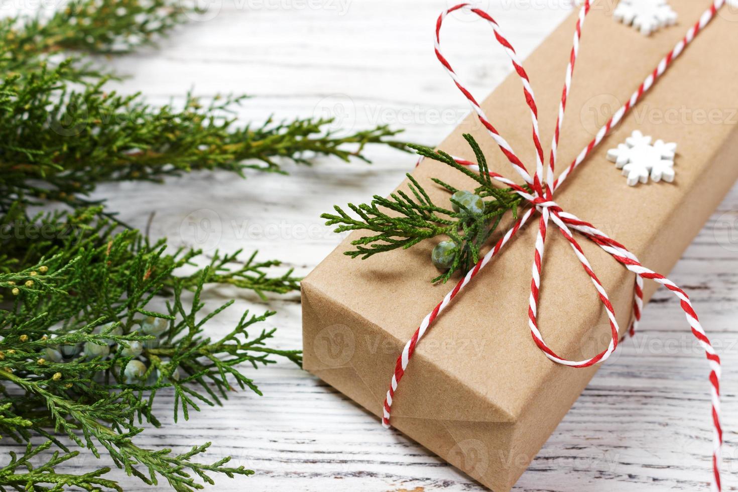 Christmas or New Year background, plain composition made of Xmas decorations and fir branches, flat lay photo