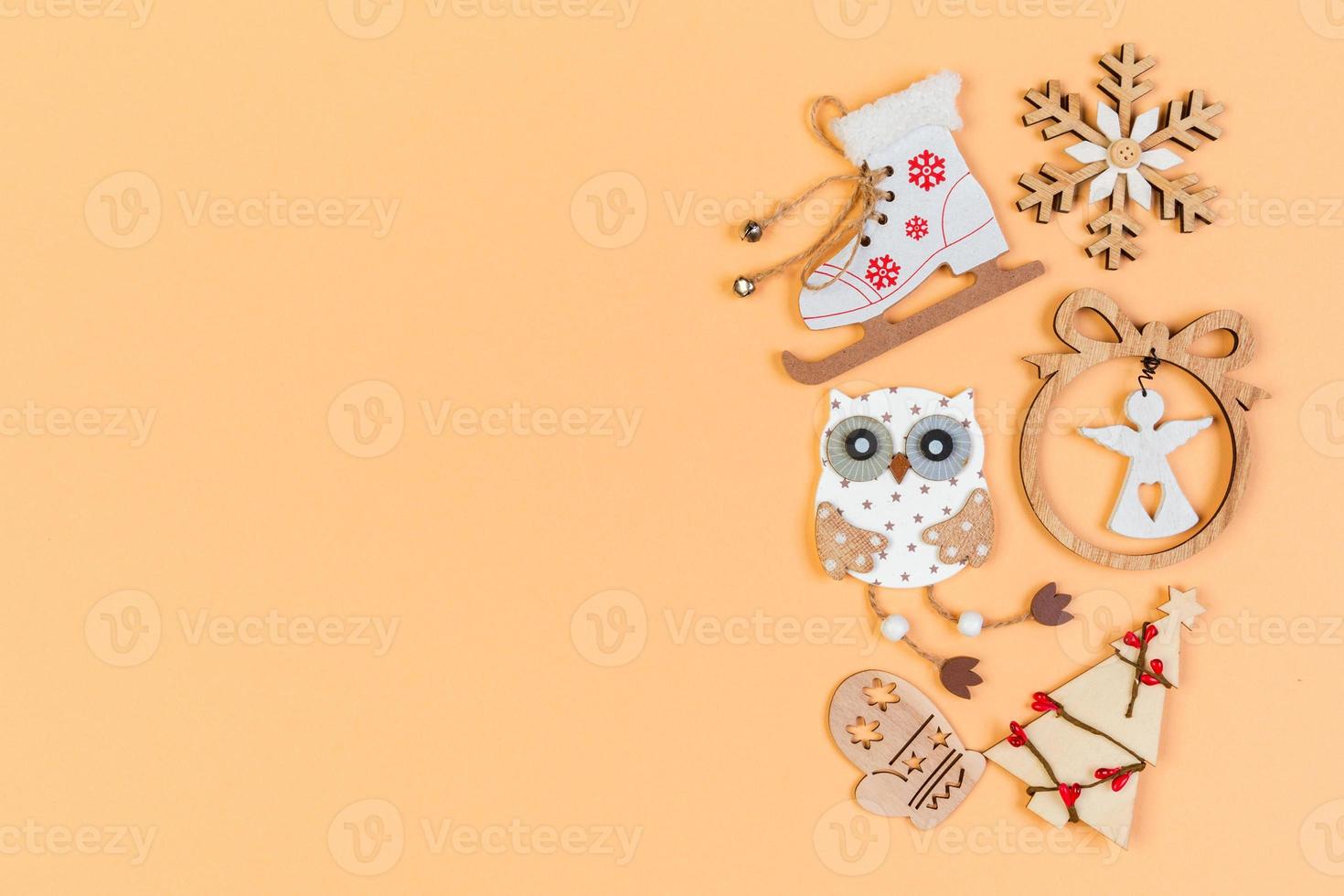 Top view of festive composition made of New Year decorations on colorful background. Merry Christmas concept with empty space for your design photo