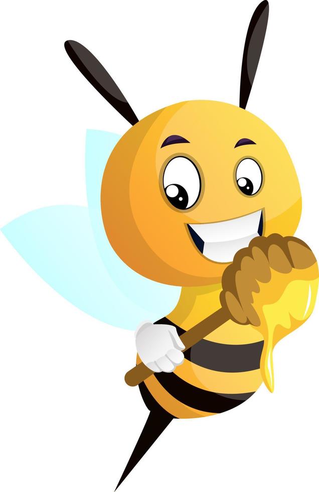 Abeja sosteniendo cucharón de miel, ilustración, vector sobre fondo blanco.