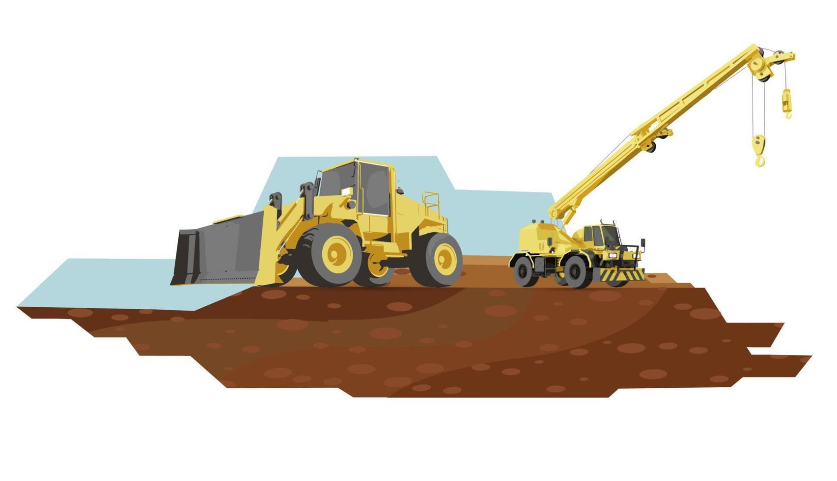 Grader and crane truck with ground bacground.Set of tracked building machinery. Vector illustration of heavy industrial equipment.