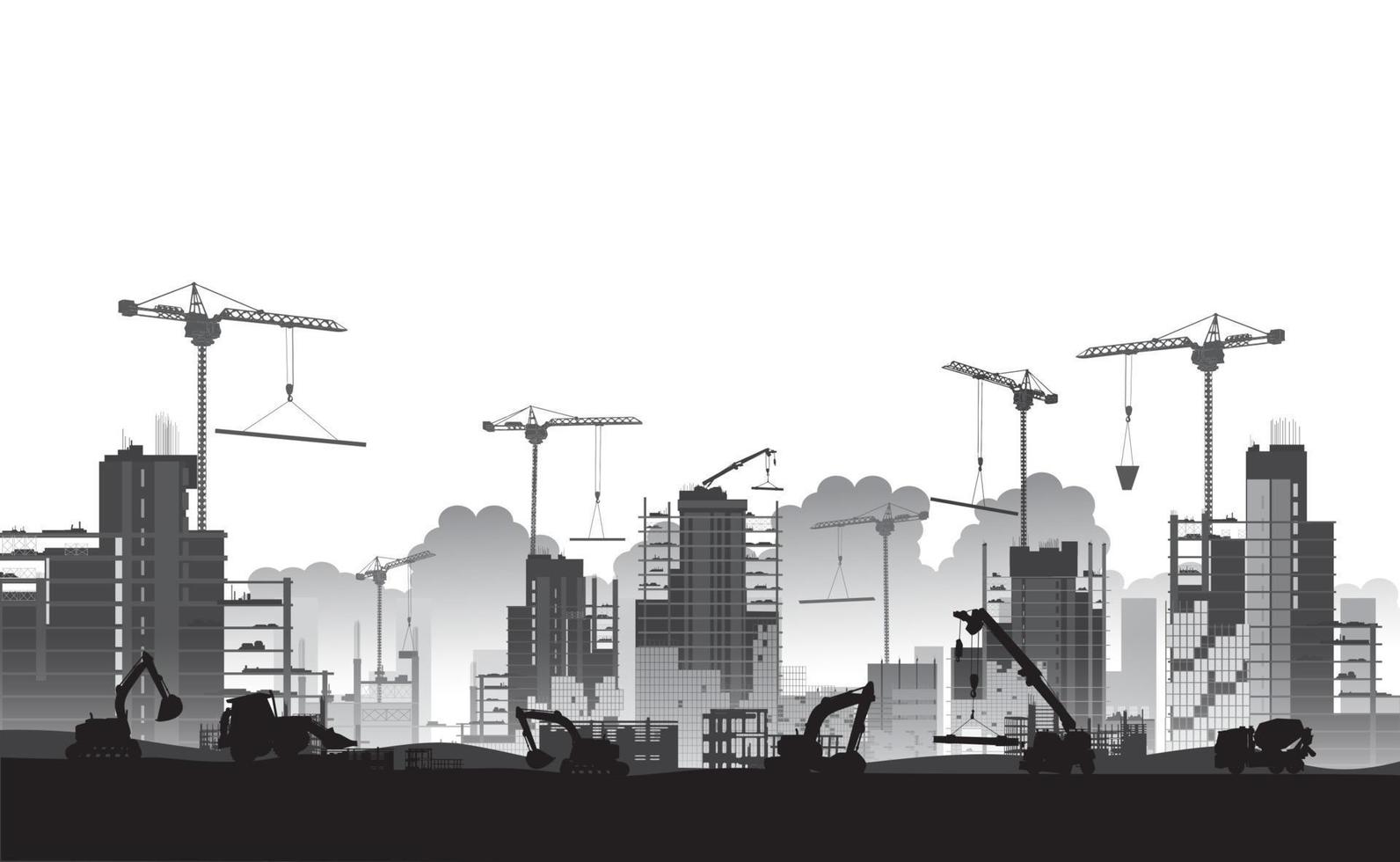 Silhouette Building construction site with cranes and skyscraper and  excavators with grader vector