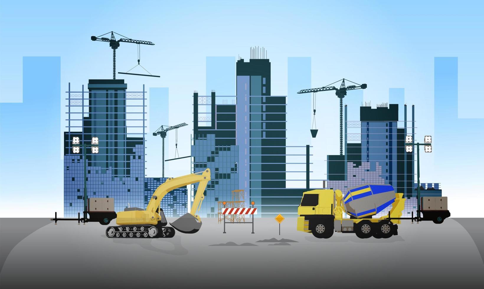 Building construction site with cranes and skyscraper and  excavators with grader vector