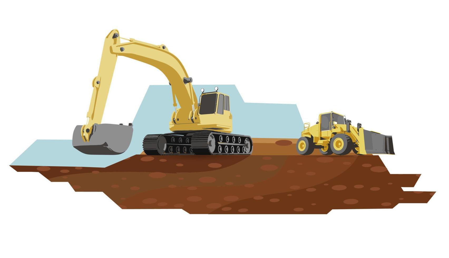 Excavator and grader with ground bacground.Set of tracked building machinery. Vector illustration of heavy industrial equipment.