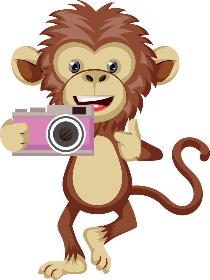 Monkey with camera, illustration, vector on white background.