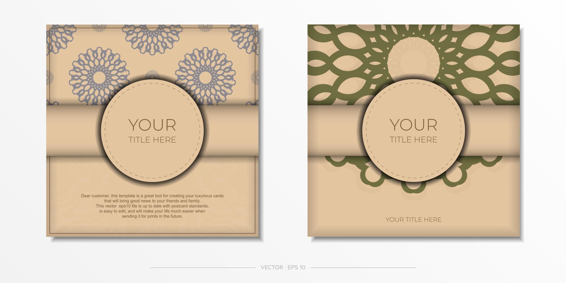 Preparing an invitation with a place for your text and abstract ornament. Vector Template for print design postcard Beige colors with mandala ornament.