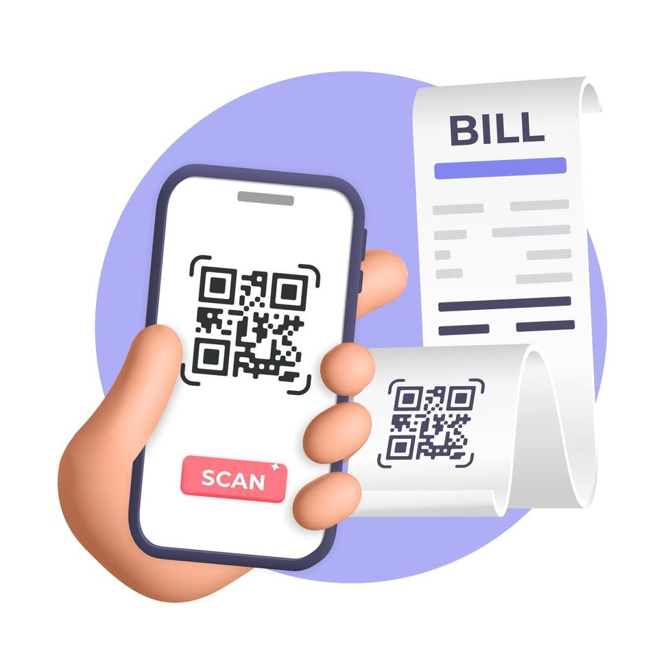 3d vector human hand scans QR code from paper bill invoice with mobile app on smartphone poster design
