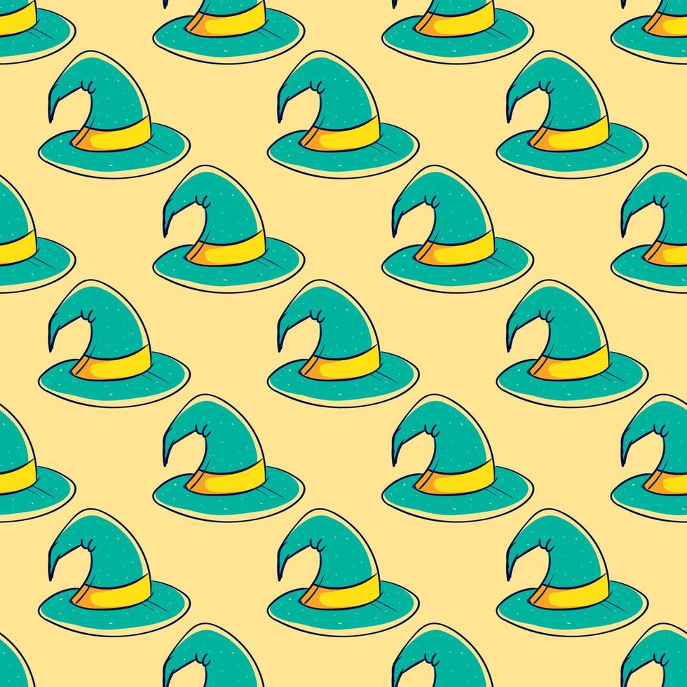 Wizard magic hat, seamless pattern on yellow background. vector