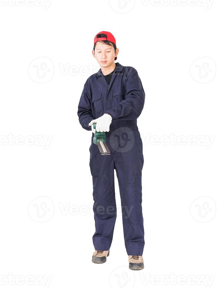 Gardener hold lawn mower on white photo