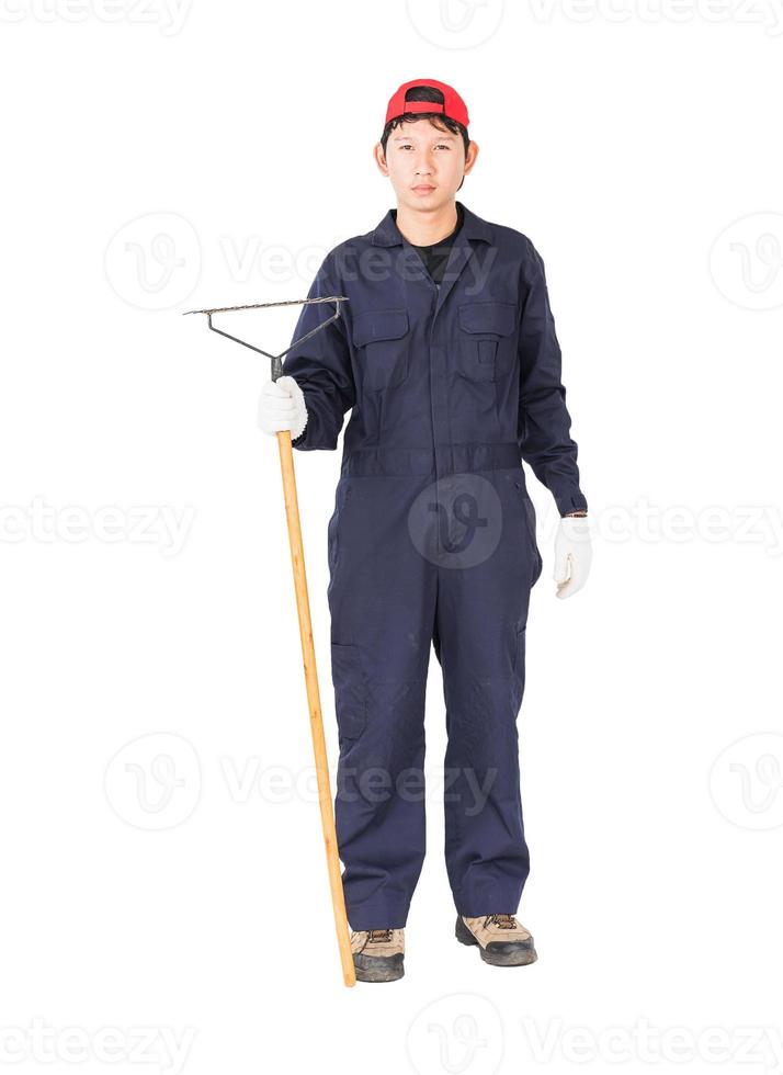 Gardener with garden tools on white photo