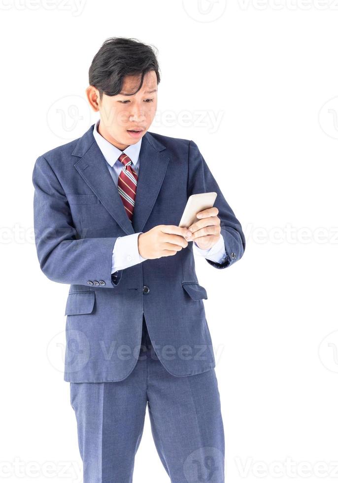 Business men portrait holding phone isolated on white photo