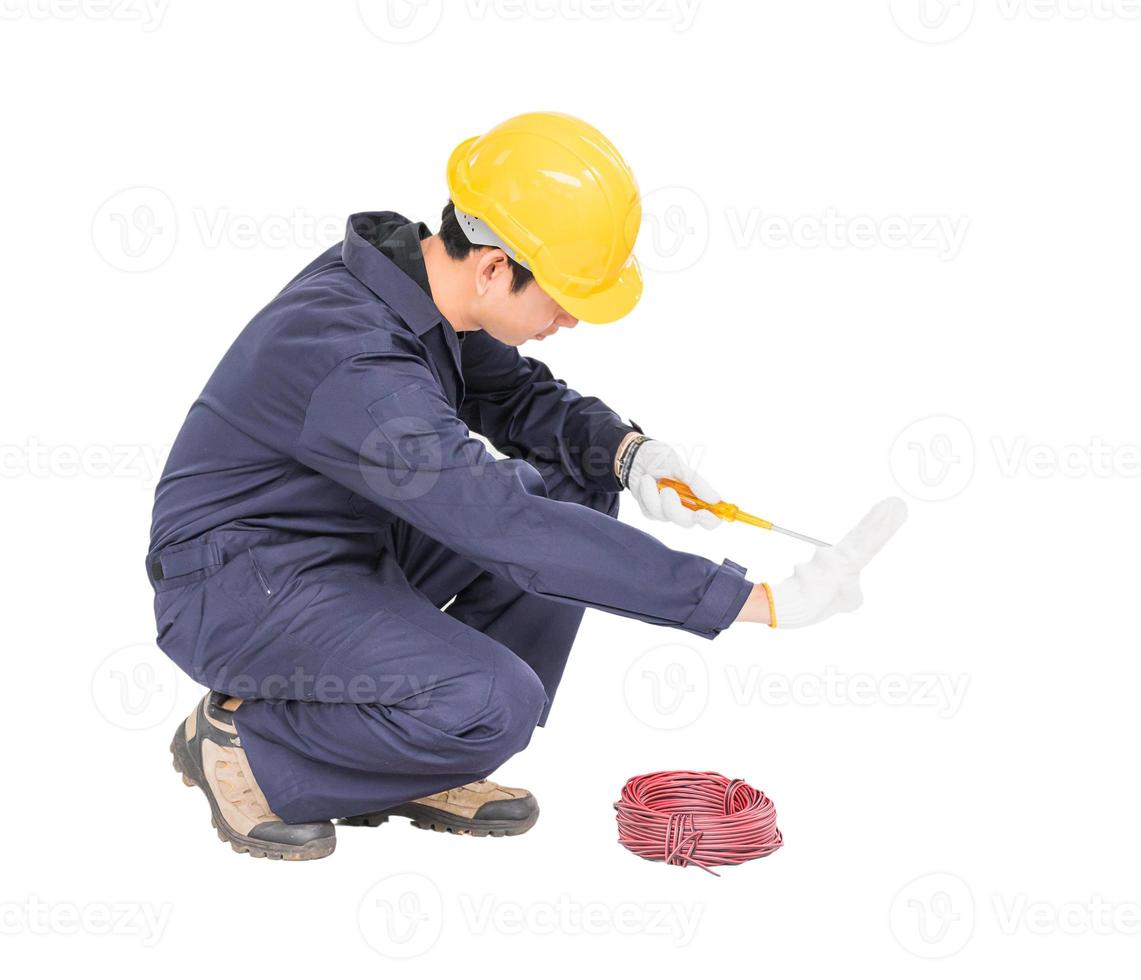 Electrician with bunch of wires invisible wall photo