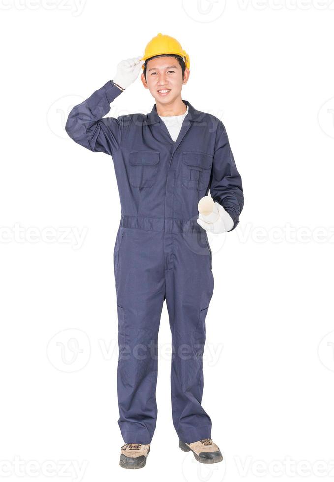 Worker holding blueprint on white photo