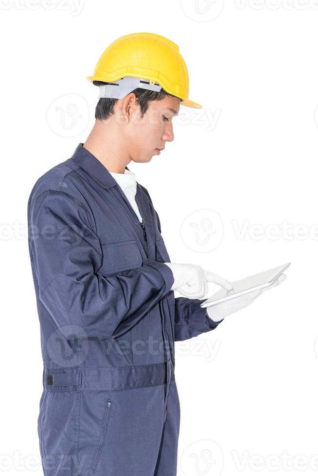 Worker using a tablet on white photo