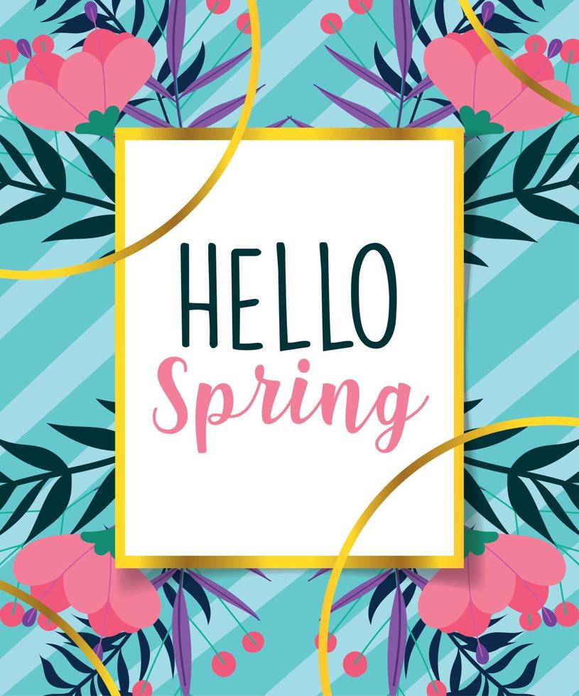 hello spring, greeting card flowers ribbon stripes background vector