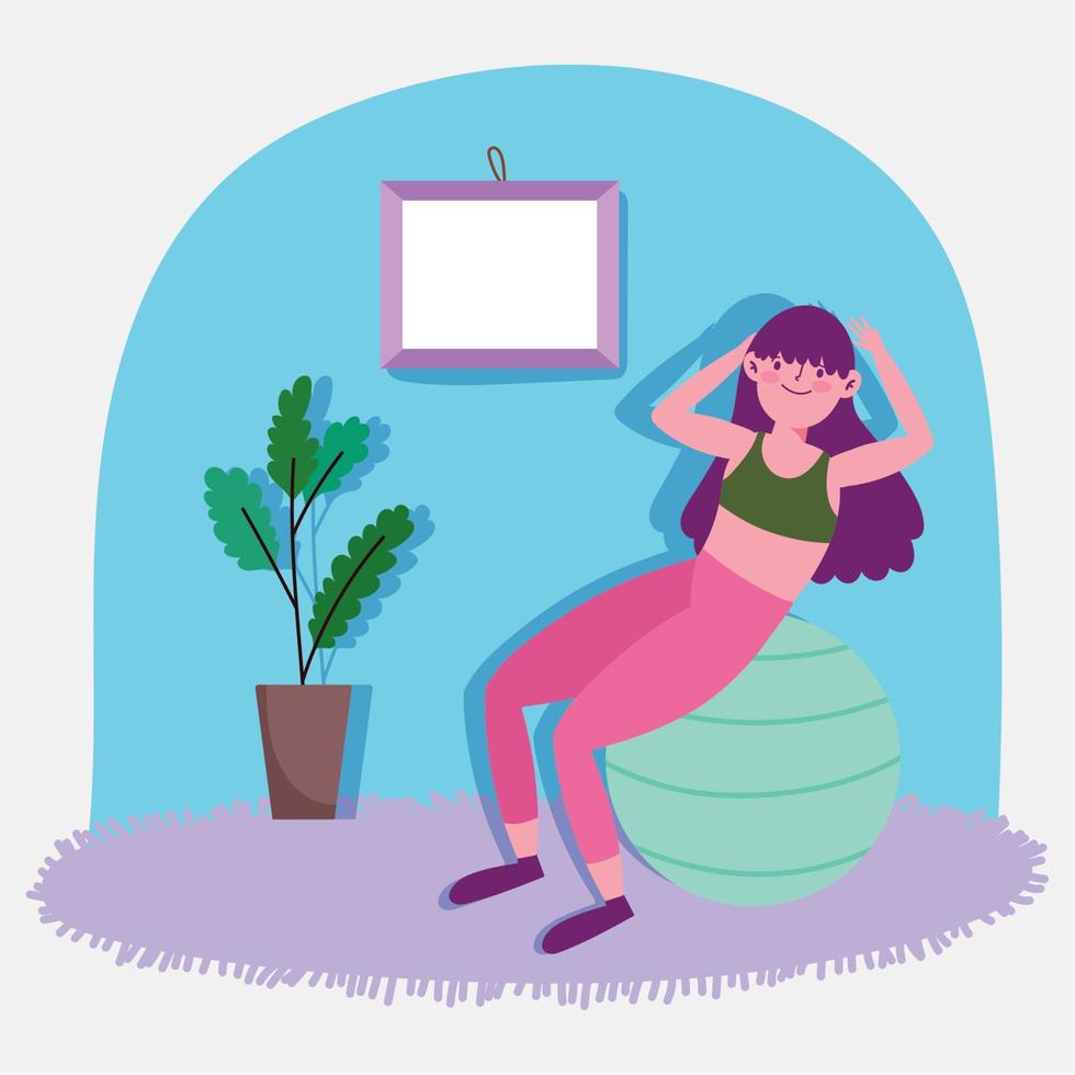 teen girl with fit ball in room activity sport exercise at home vector