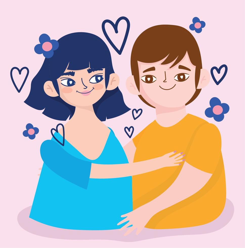 pareja amor flores y corazones romance retrato personajes de dibujos animados vector