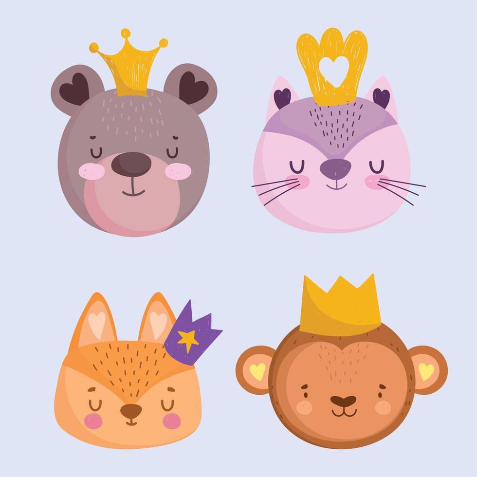 cute bear cat monkey and fox with crown animals faces cartoon icons set vector