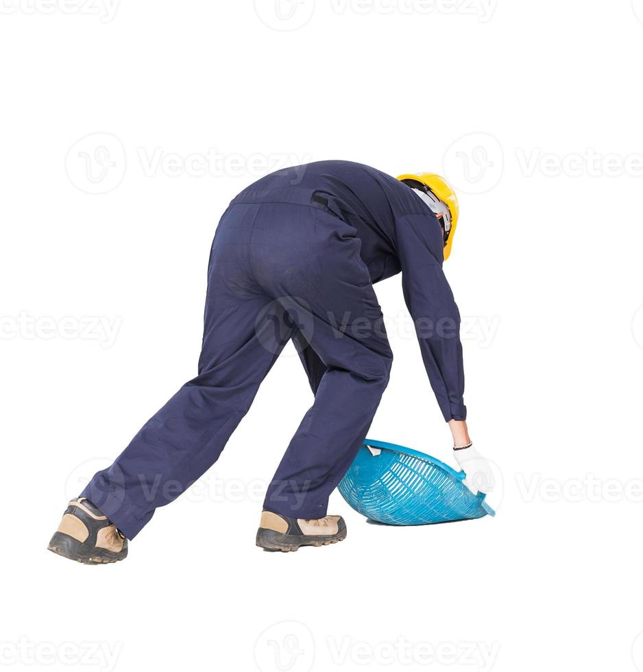 Young worker hold Hod or clam-shell shaped basket photo