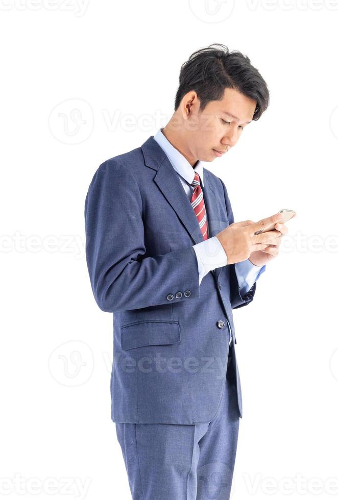 Business men portrait holding phone isolated on white photo