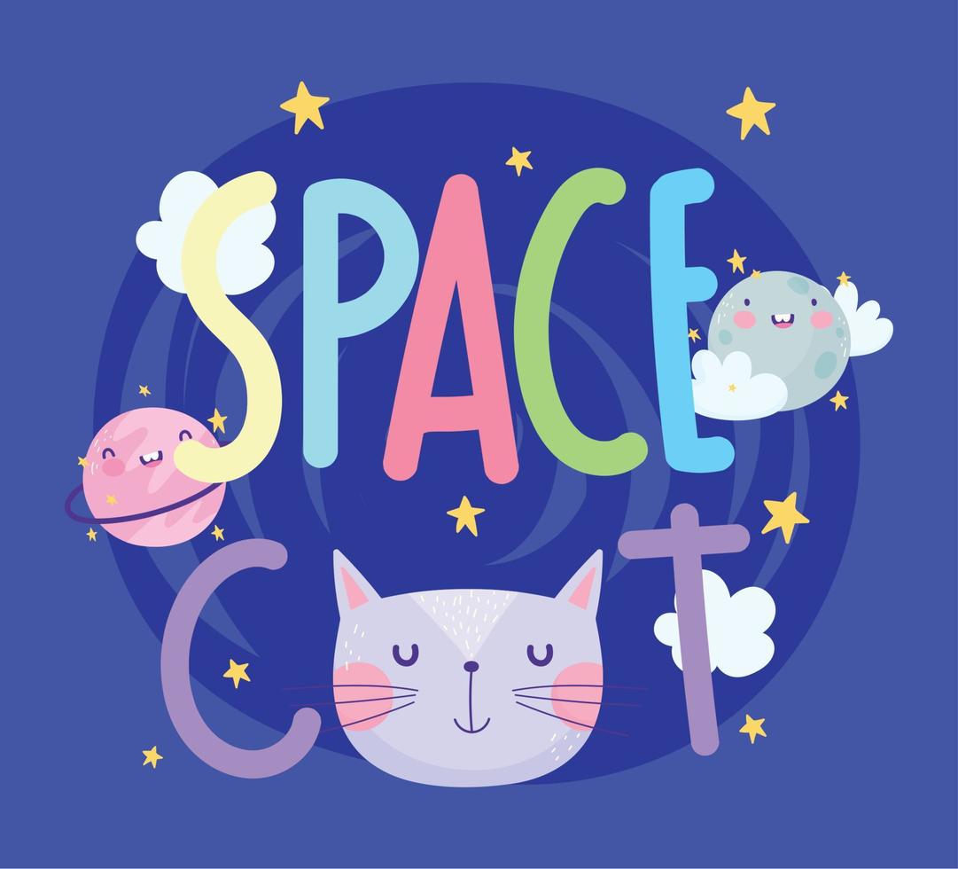 space cat face planets stars clouds cartoon cute text vector