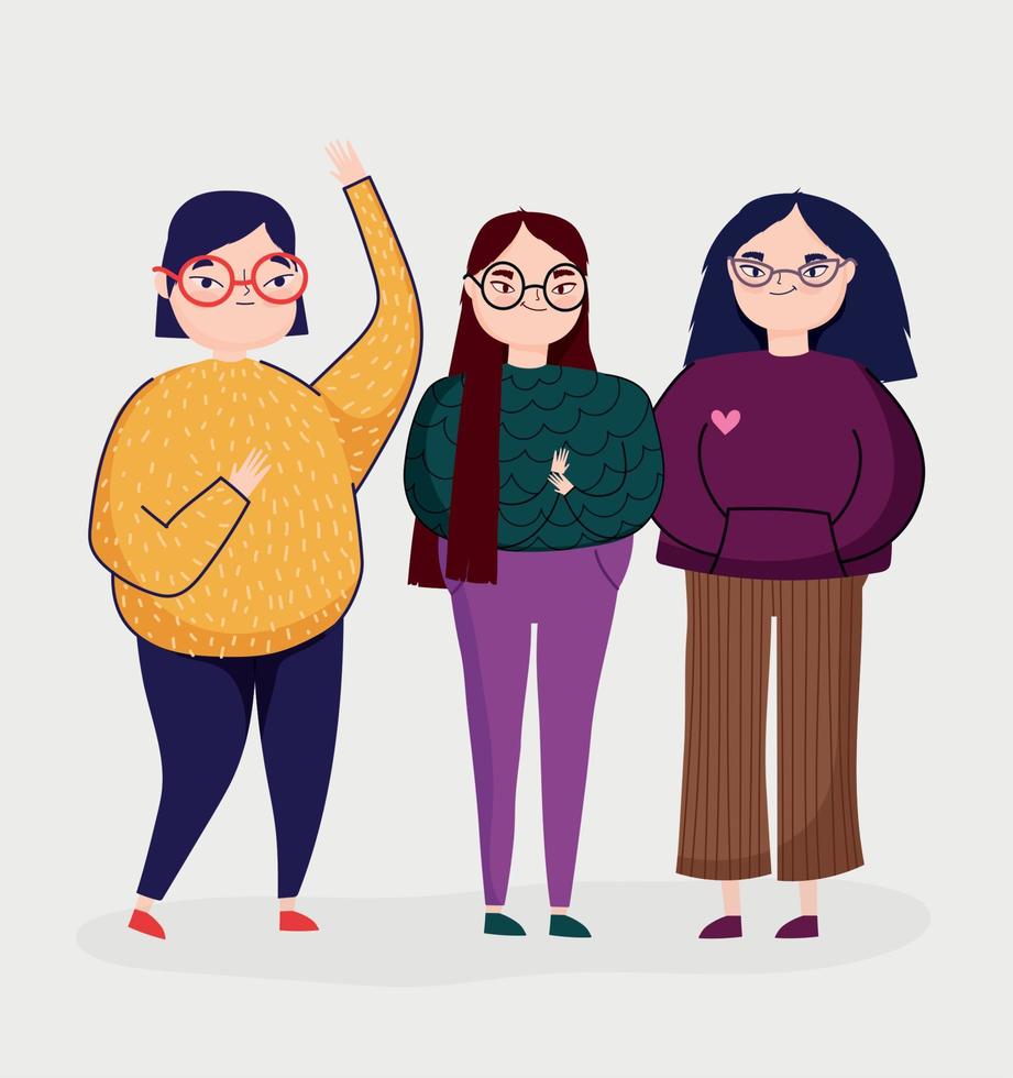 personaje de tres personas mujeres con ropa casual ocio vector