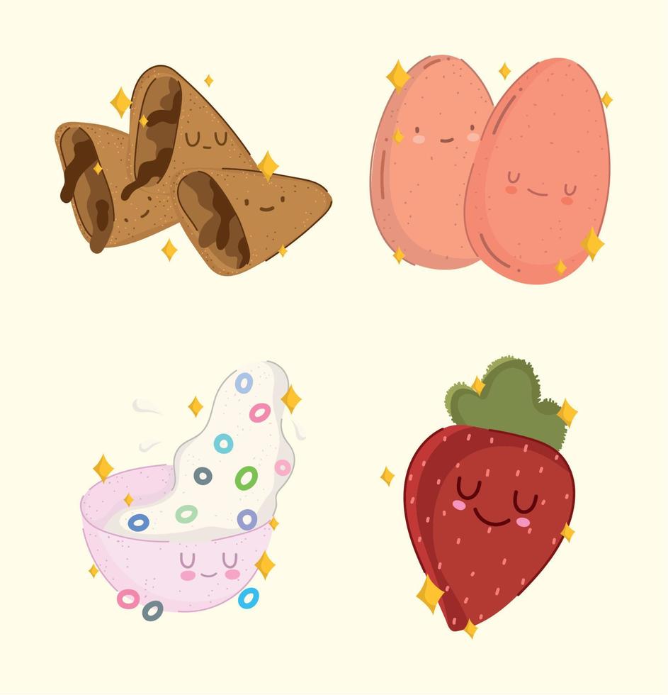 breakfast food fresh cartoon cute boiled eggs strawberry cereal and chocolate cookies vector