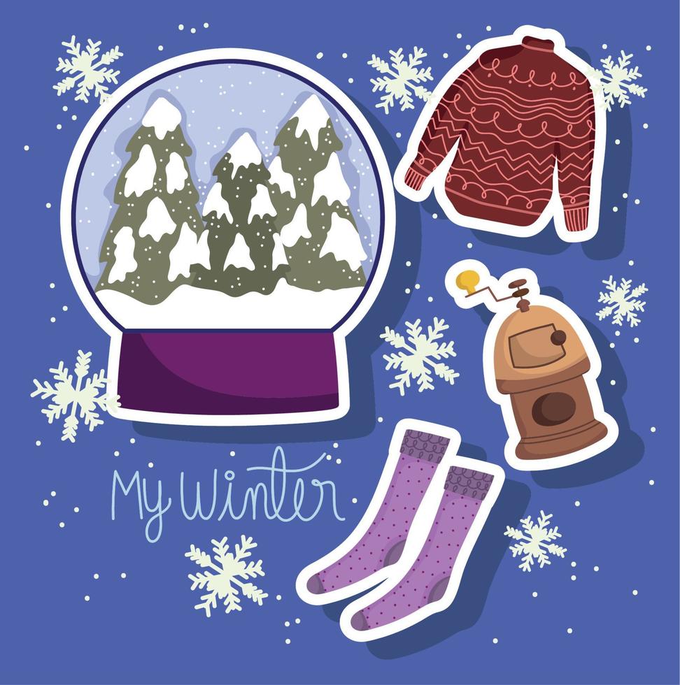 winter snowball socks sweater and wood stove icons set vector