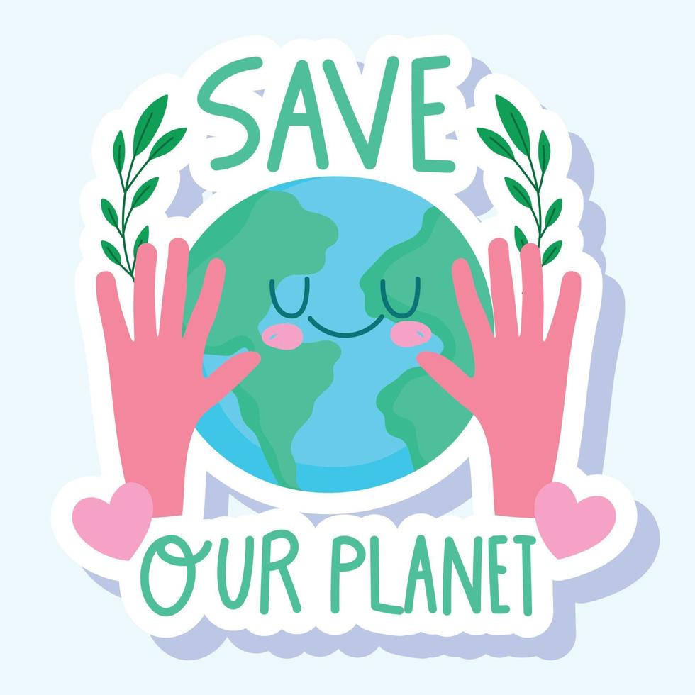 save the world hands with planet and foliage nature cartoon vector