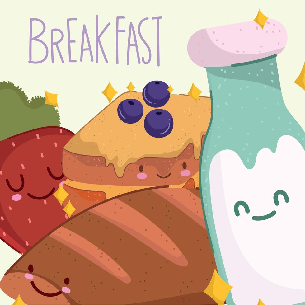 desayuno comida fresca dibujos animados linda botella de leche pan fruta y sándwich vector