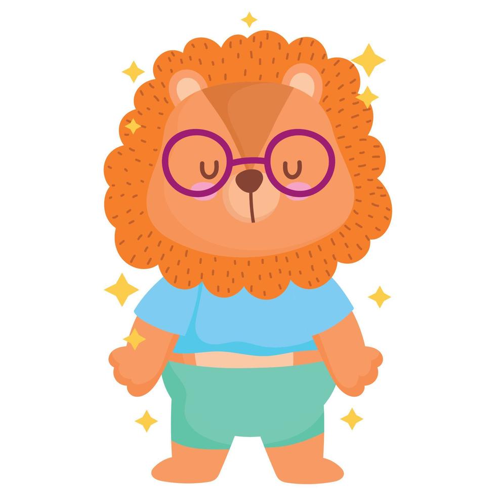 lindo pequeño león con gafas y dibujos animados de ropa vector
