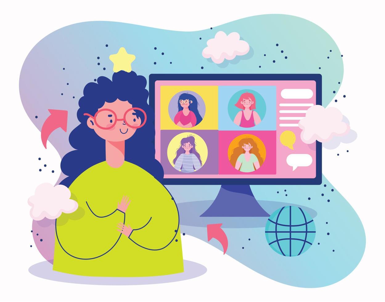 meeting online, people community connected internet computer cartoon vector