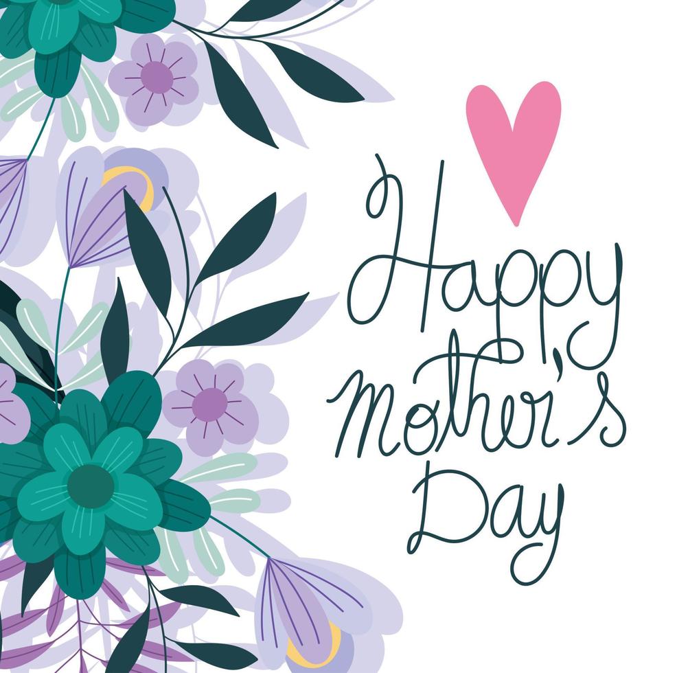 happy mothers day, blossom flowers love heart romantic card vector