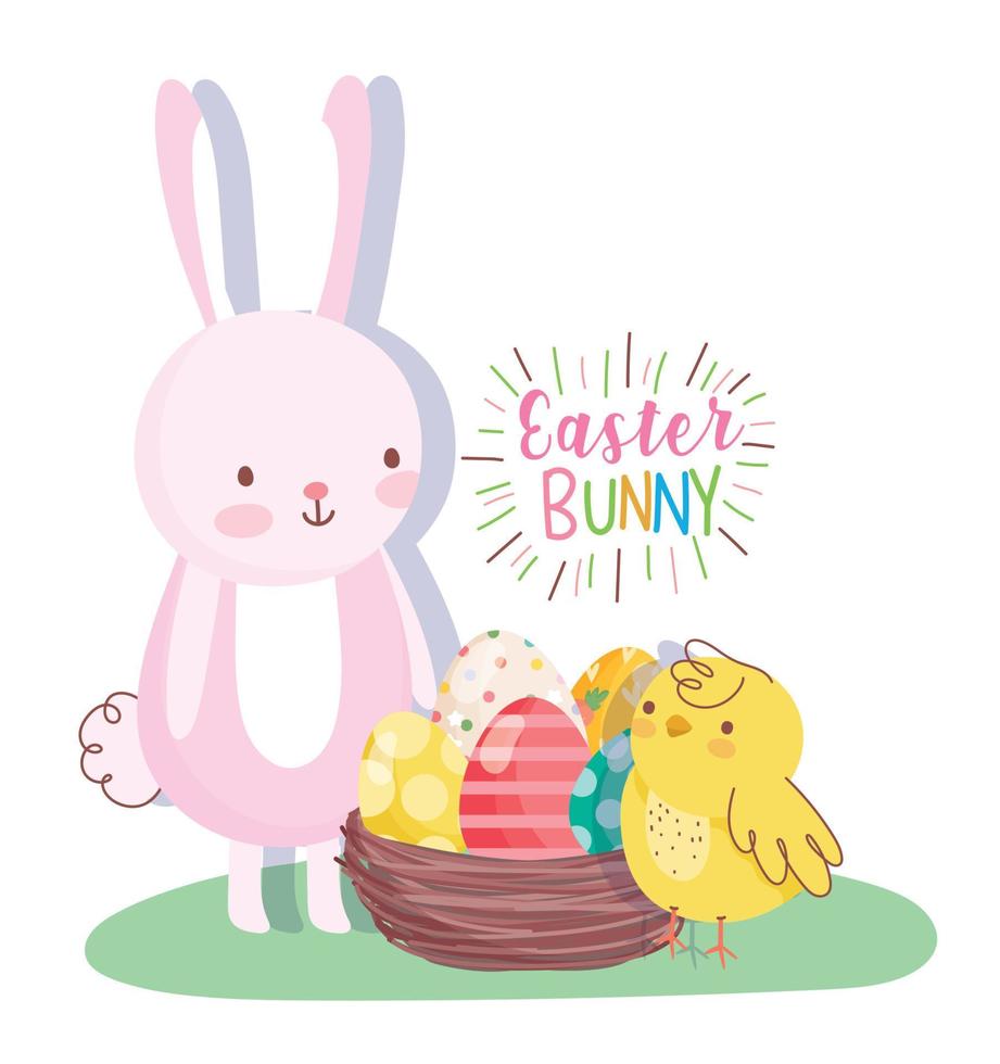 happy easter rabbit and chicken with basket eggs decoration vector