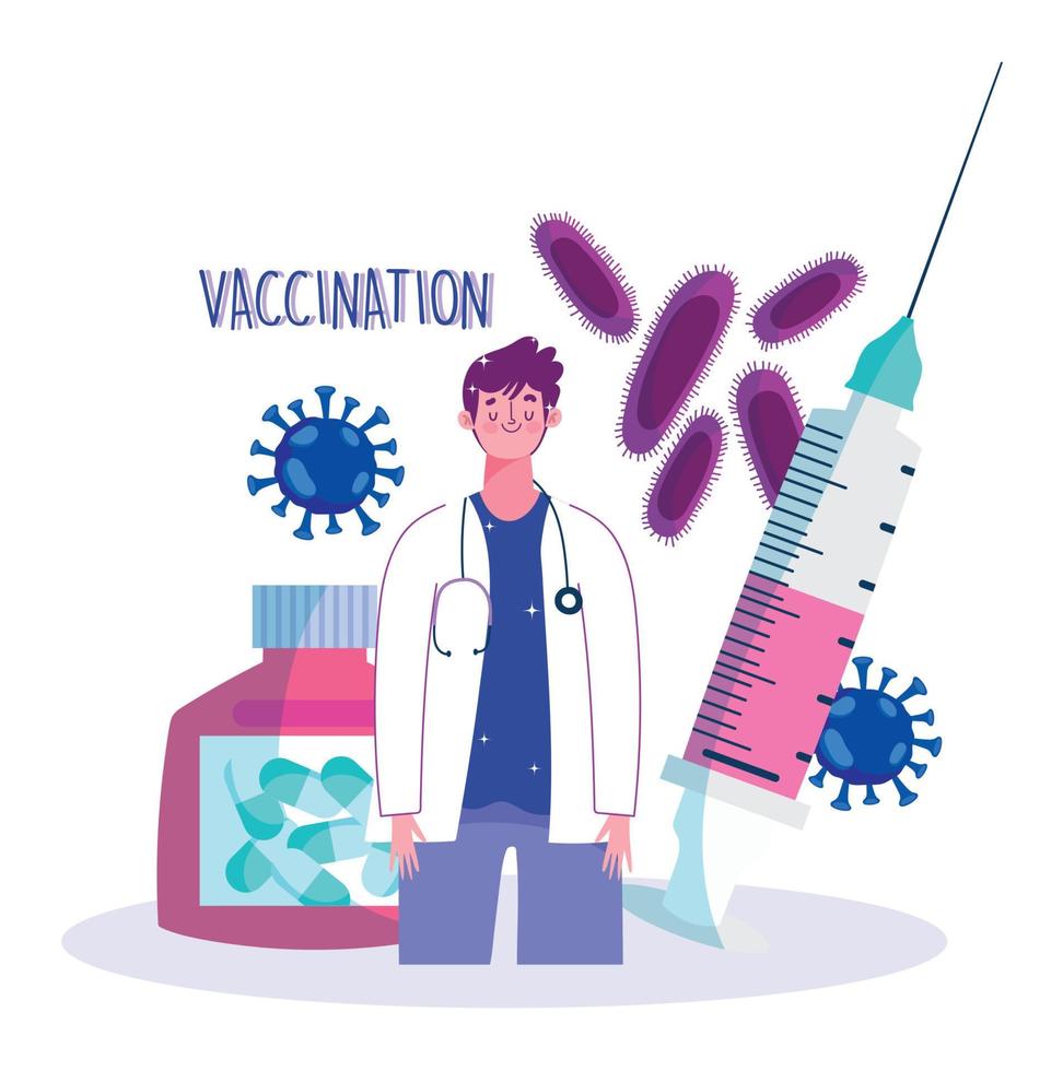 médico con jeringa y cápsula prescripción médica atención médica vacunación vector