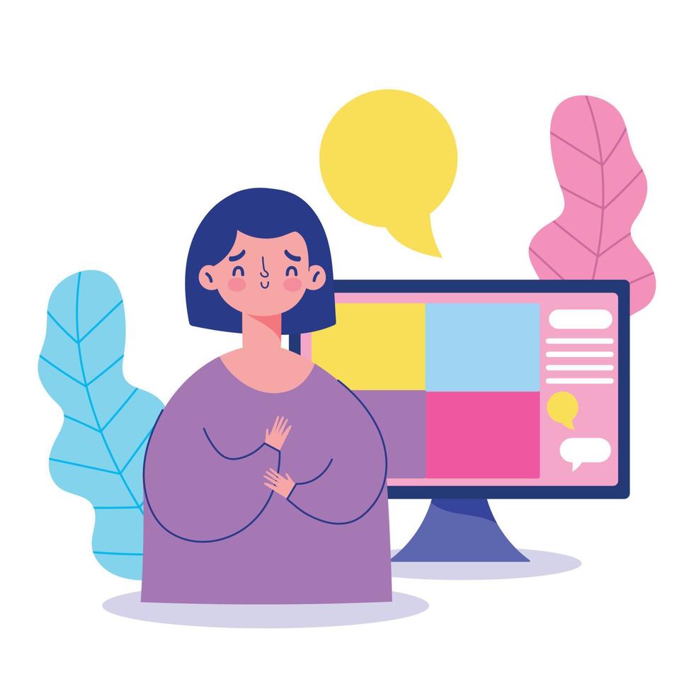 meeting online, young woman computer message virtual communication vector