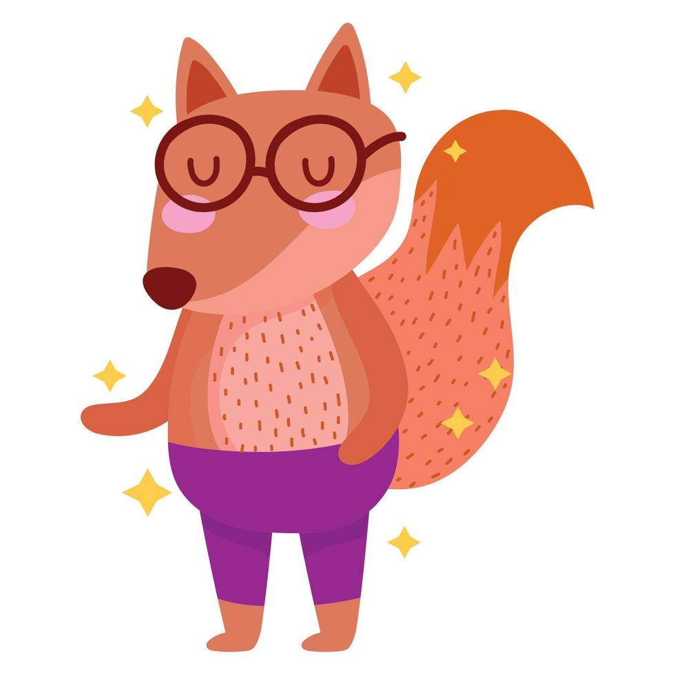 lindo pequeño zorro con gafas y pantalones de dibujos animados vector