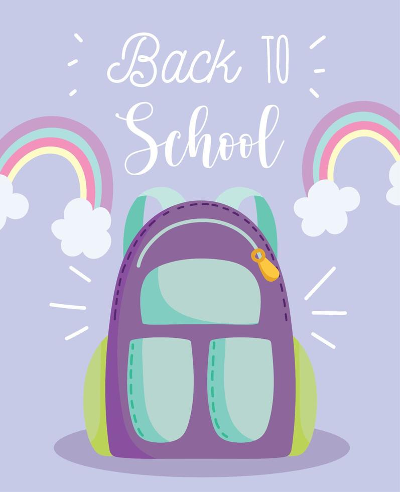 regreso a la escuela, mochila arco iris nubes decoración educación primaria dibujos animados vector