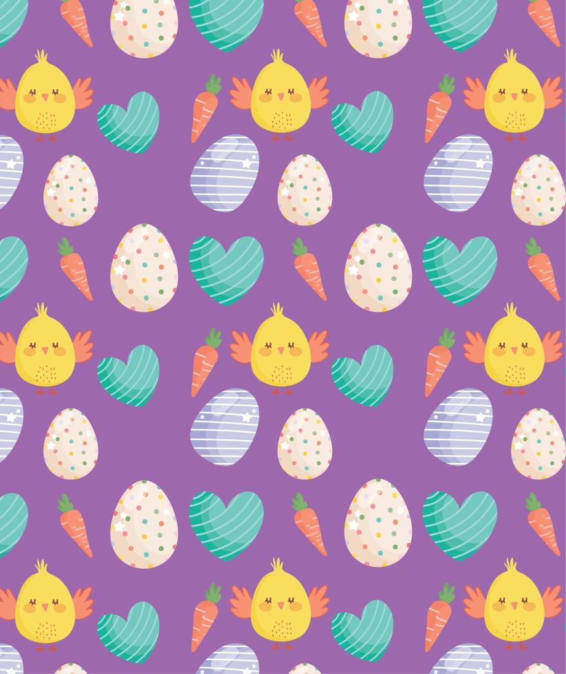 happy easter chickens eggs hearts carrots decoration background vector