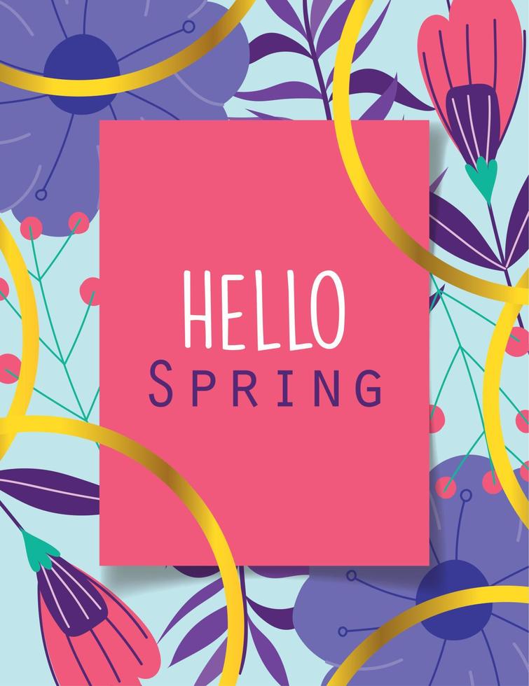 hello spring, greeting card flowers ribbon decoration banner vector