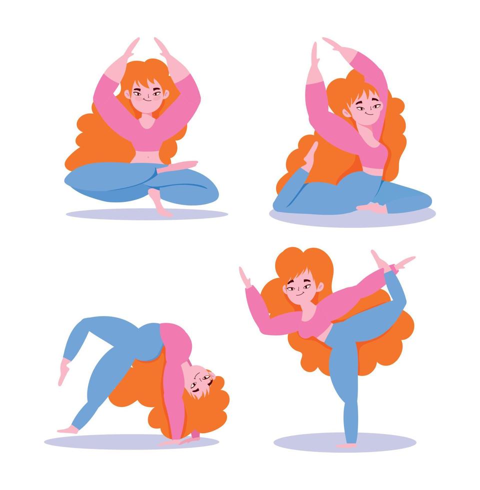 yoga en línea, yoga en línea, niña haciendo ejercicios de yoga en diferentes poses de dibujos animados vector